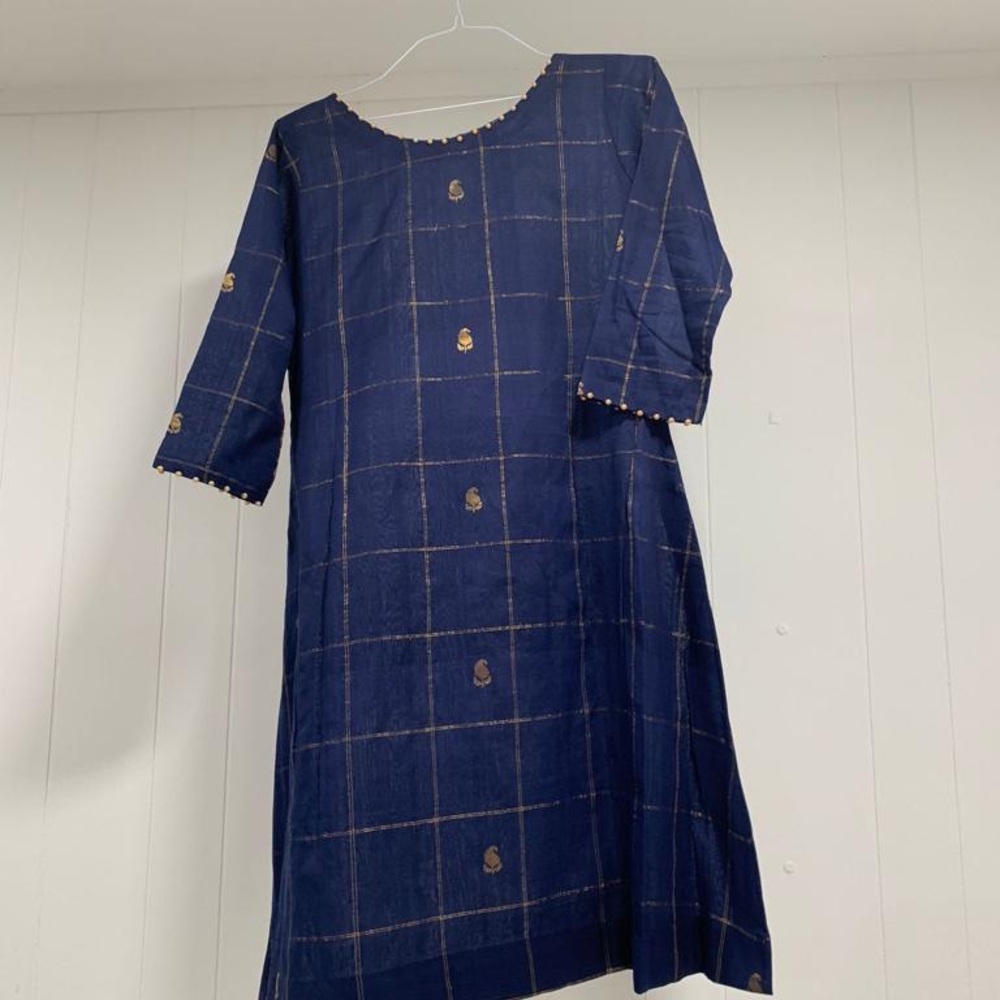 Navy Blue Checkered Dress with Gold Accents
